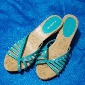 BAMBOO turquoise strap plat-wedge slip-on sandal